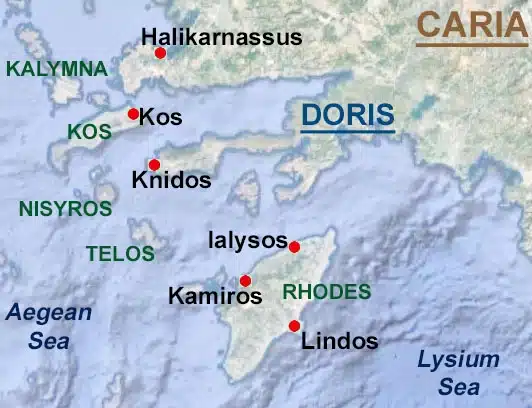 Map of the Aegean Sea and its surrounding cities, circa 7th-5th centuries BCE.
