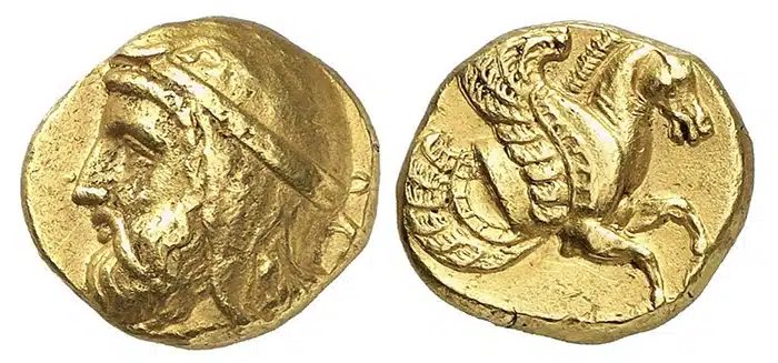 Gold Stater of Orontas I. Mysia, Lampsakos. Circa 367-344 BCE. Image: Künker.