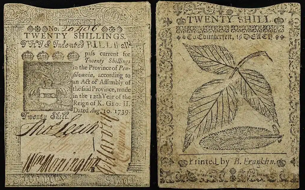 FR#PA45. Pennsylvania 20 Shilling Note issued August 10, 1739. Image: Stack's Bowers.