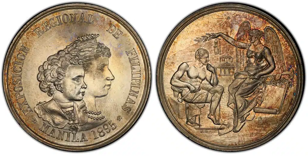 Spanish Philippines silver medal of Queen Isabella II and Alfonso XII. Image: Atlas Numismatics.