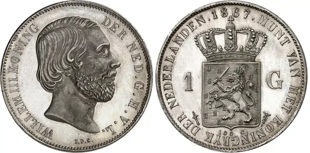 No. 3524. William III, 1849-1890. 1 gulden, 1867. Only a few specimens minted. Purchased in 1951 from Jacques Schulman. Estimate: 50,000 euros. Hammer price: 150,000 euros.
