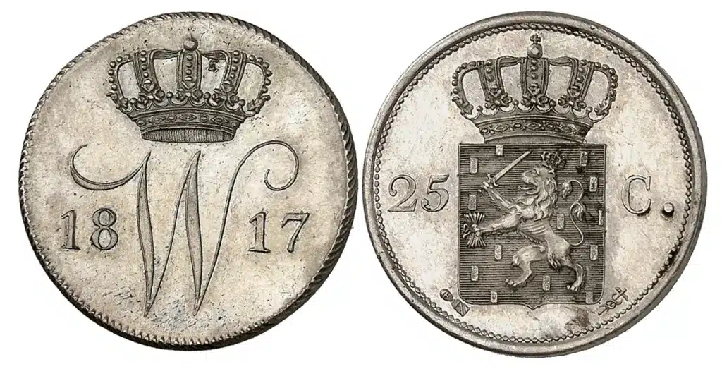 No. 3282. William I, 1813-1840. Silver pattern of 25 cents (Kwartje), 1818, Utrecht. Very rare. Purchased in 1988 from the Berkman Collection. Proof. Estimate: 25,000 euros. Hammer price: 110,000 euros.