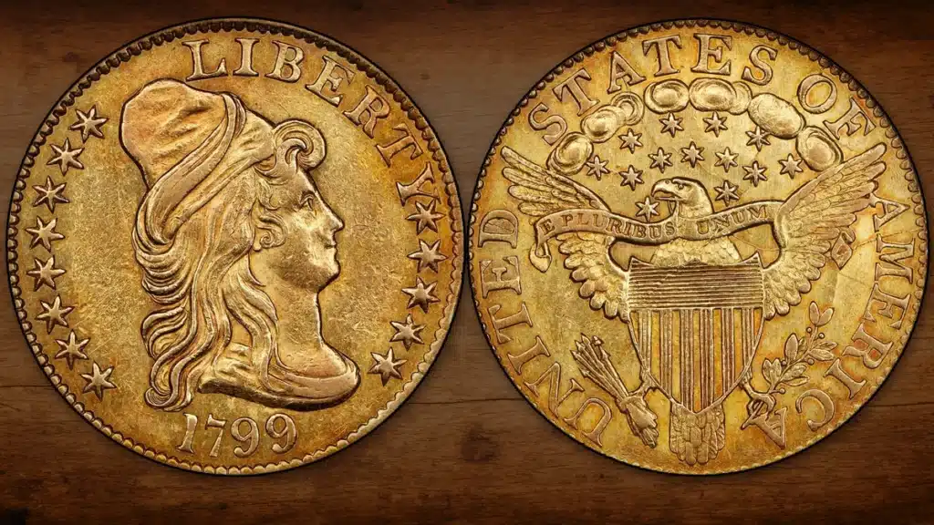 A Seldom offered 1799 Capped Bust Right Half Eagle graded NGC AU-55 is one of the auction's many highlights.