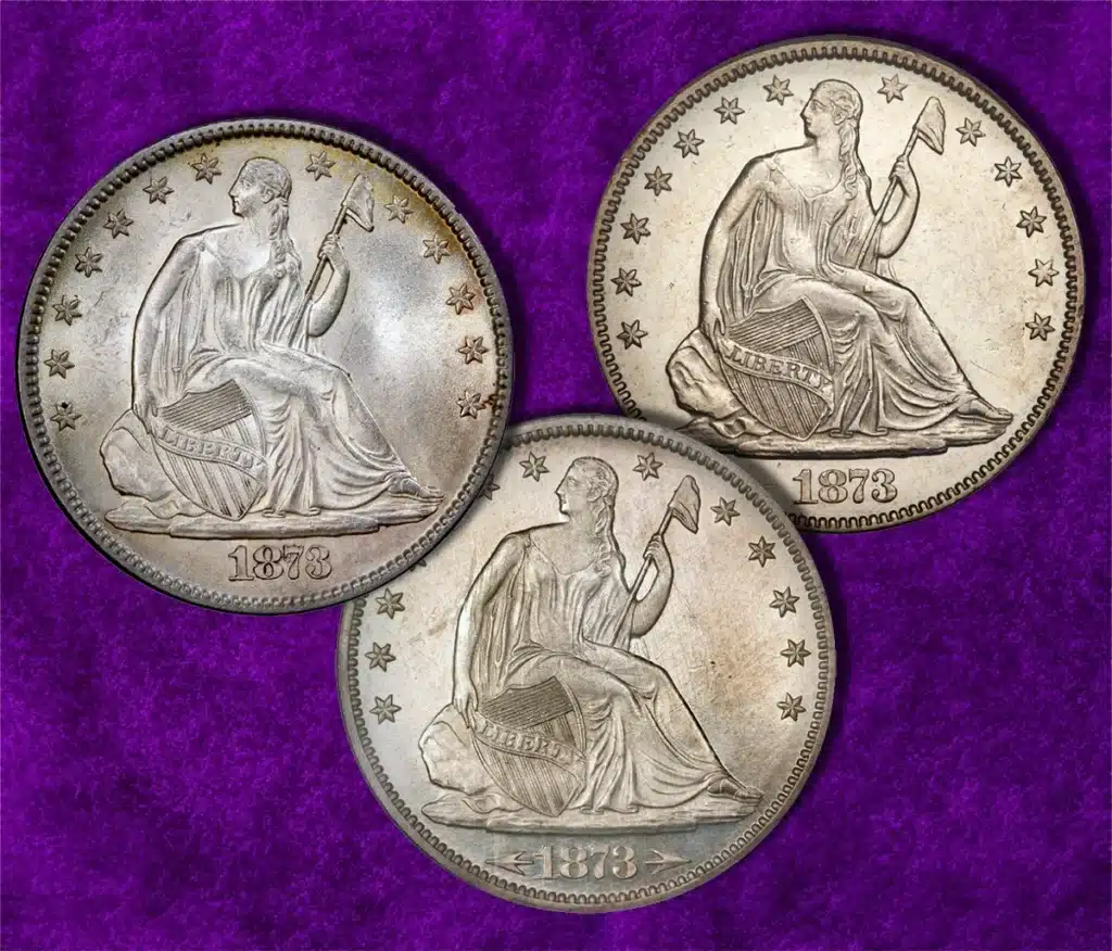Figure 5. Half dollar date version for 1873. Top, date with close 3 (left), and with open 3 *right) but no arrowheads. Bottom, open 3 and arrowheads. Image: Heritage Auctions.