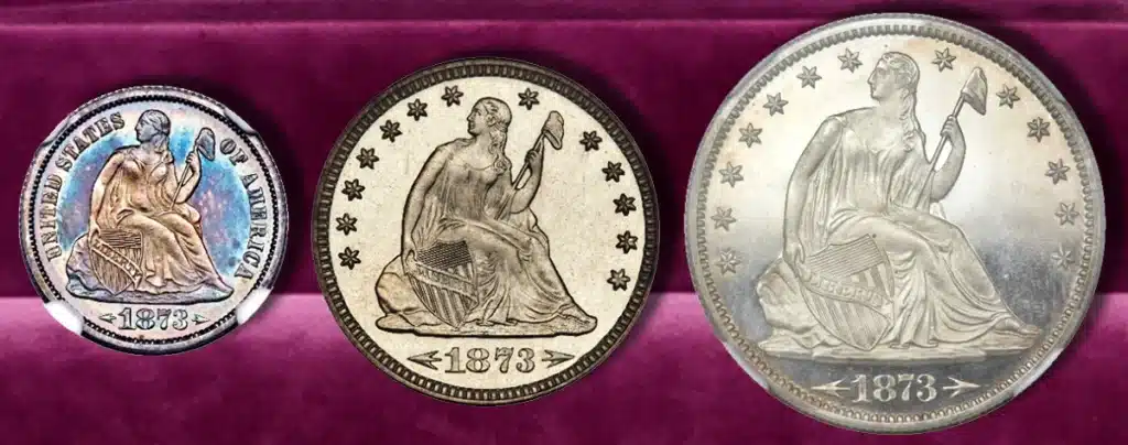 Silver coins with arrows after April 1 1873. These three examples used new date punches with an “open 3.”. See below for details. Image: Heritage Auctions / CoinWeek.