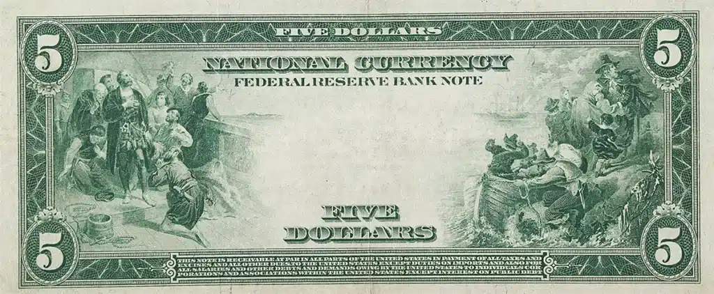 The back of a Series 1918 National Currency $5 Note.