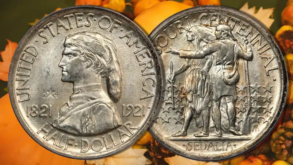The 1921 Missouri half dollar draws from the classic American Thanksgiving motif of settler and native cooperation. Image: CoinWeek / Stack's Bowers.