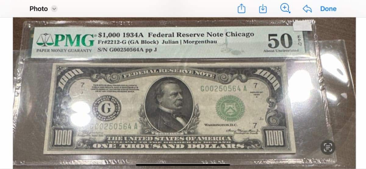 $1,000 Note Stolen at Palm Beach Coin Show - Recovered. Photo courtesy Numismatic Crime Information Center (NCIC)