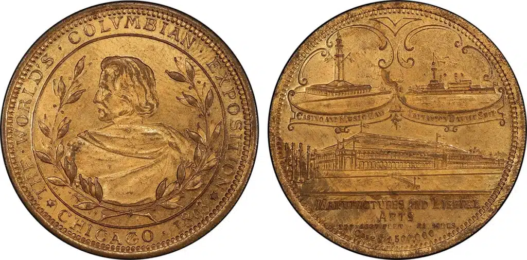 Columbus Bust Dollars (HK-224-236a) were a very popular seller and comprised a very large group of Columbian So-Called Dollars; numerous other categories also utilized the Christioher Columbus bust on their medals, like HK-201 pictured above. This is actually an Exhibition Palace Dollar, but many of the other medals utilized Columbus in their medal designs-after all it was the Columbian Exposition. Courtesy of PCGS TrueView. 