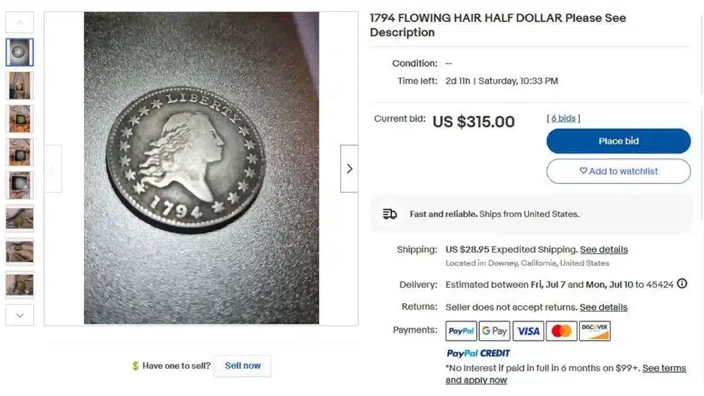 An eBay listing of a Counterfeit 1794 Half Dollar.