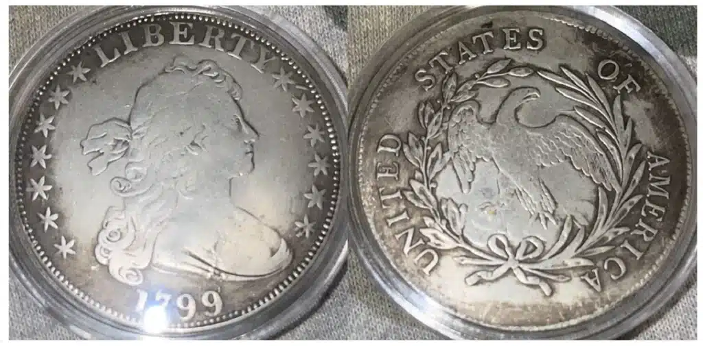 Obverse and reverse of counterfeit 1799 Draped Bust dollar coin. Image: eBay.