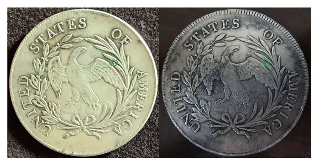 Subject “1798” on left, counterfeit 1795 reverse on right (image from the Coin Week article).