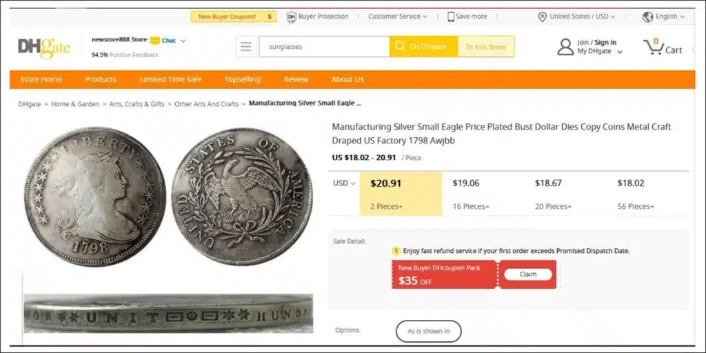 Past DHgate ad for “copy coins”.