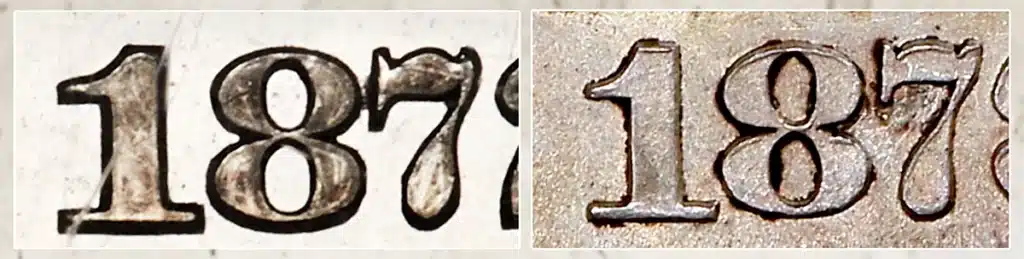 Top, digit 1 for 1873 (right) is slightly toller that for 1872. Notice also that the top bar of the 7 for 1872 (top left) is lightly wider than for 1873 and it extends leftward further from the 7’s ball serif than in 1873 version. Top of the 1873 “7” is less strongly curved, also. Images were cropped from circulation half dollars of the respective dates.