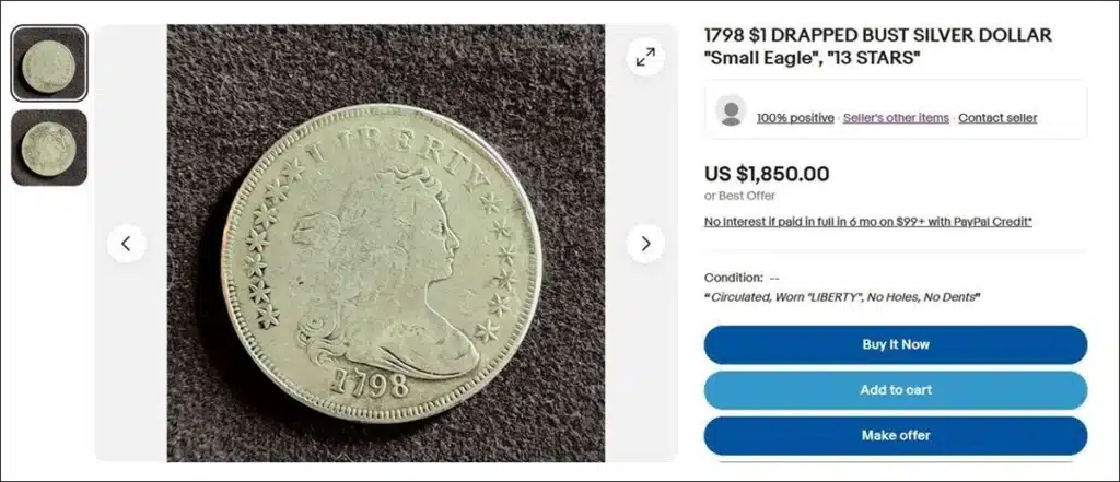 An eBay listing of a counterfeit 1798 Draped Bust Dollar coin.