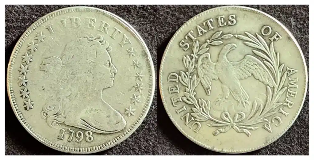 Enlarged photograph of a counterfeit 1798 Draped Bust Dollar coin from an eBay listing.