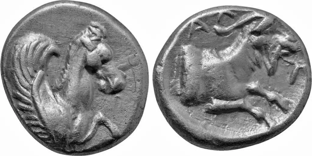 Figure 3: Halikarnassos, CARIA. Obol (5th century BCE). Obv: Forepart of Pegasos right. Rev: AN - I. Forepart of goat right within incuse circle, ALI , 9mm, 0.71 g., SNG Kayan I 757-8 var., (Numismatik Naumann 52, lot 191, $100, 7/2/17).