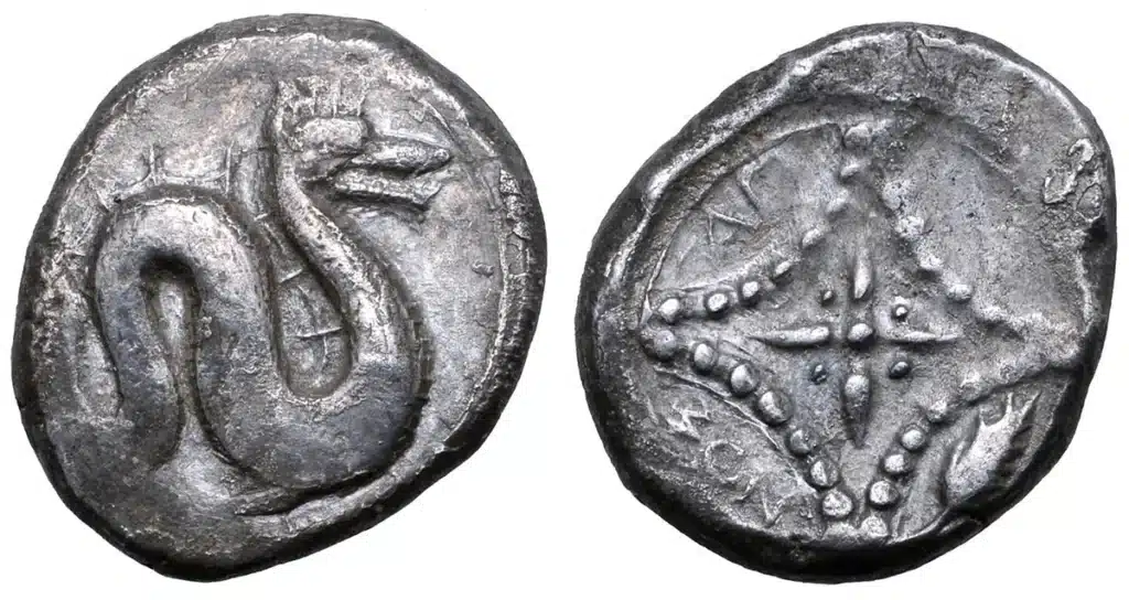 Figure 2: Halikarnassos, CARIA. AR Half Stater. Aeginetic standard. Circa 510-480 BCE. Ketos with scaled body, forked tall and dorsal sail to right / Geometric pattern In star format, grain ear to right and uncertain legend (AGI...NOS?) around; all within shallow incuse circle, 19mm, 5.94 g., Ct. Kritt, Kindya, pl. 47, 4. (Roma Numismatics 15, Lot: 259, $2000, 4/9/19).