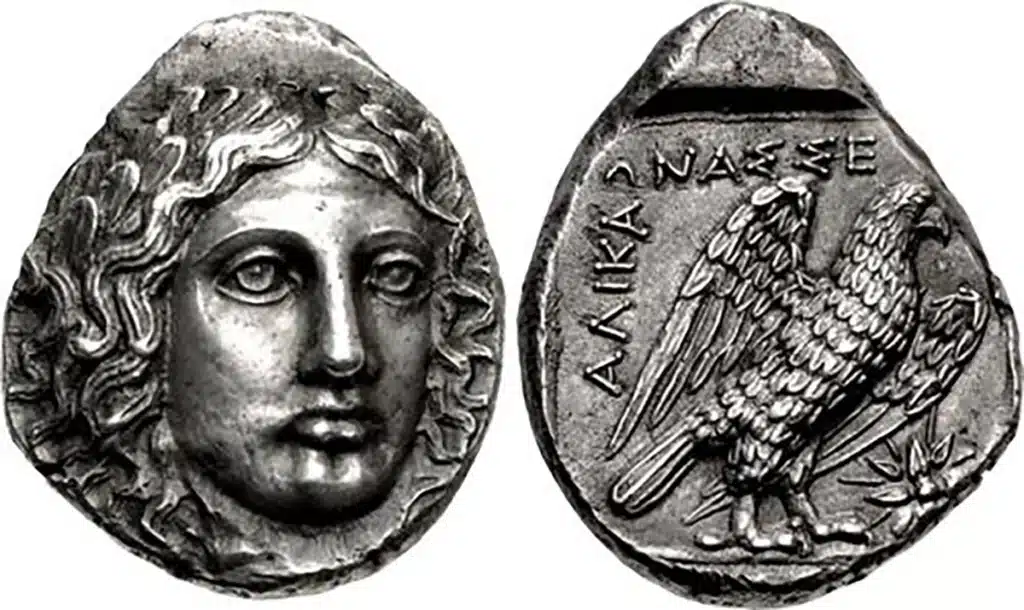 Figure 4: Halikarnassos, CARIA. Circa 400-387 BCE. AR Tetradrachm. Head of Apollo, wearing laurel wreath, facing slightly right / Eagle standing half-right, wings spread; AΛIKAPNAΣΣ-EΩN around, star to right; all within incuse square, 21.5mm, 15.19 g., HN Online 637.2 (this coin). (Triton XXIII, Lot: 427, $95,000, 1/14/20).
