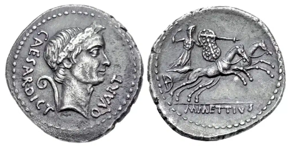 Silver denarius of Julius Caesar featuring Juno. Image: CNG.