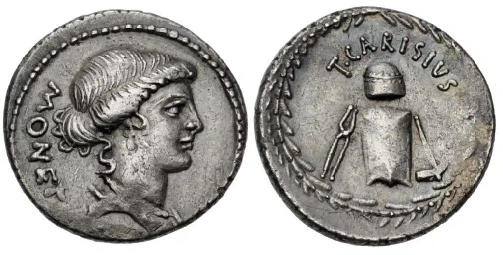 Silver denarius of T. Carisius featuring Juno. Image: CNG.