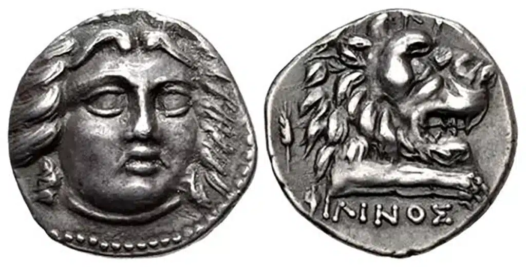 Figure 11: Knidos, Caria. Circa 210-185 BCE. AR Didrachm. Philinos, magistrate. Head of Helios facing slightly right / Forepart of roaring lion right, KNIΔION above; grain ear to left, ΦIΛINOΣ below, 19mm, 5.27 g., Nordbø Series 13, (CNG 114, Lot: 352, $2750, 5/13/20).