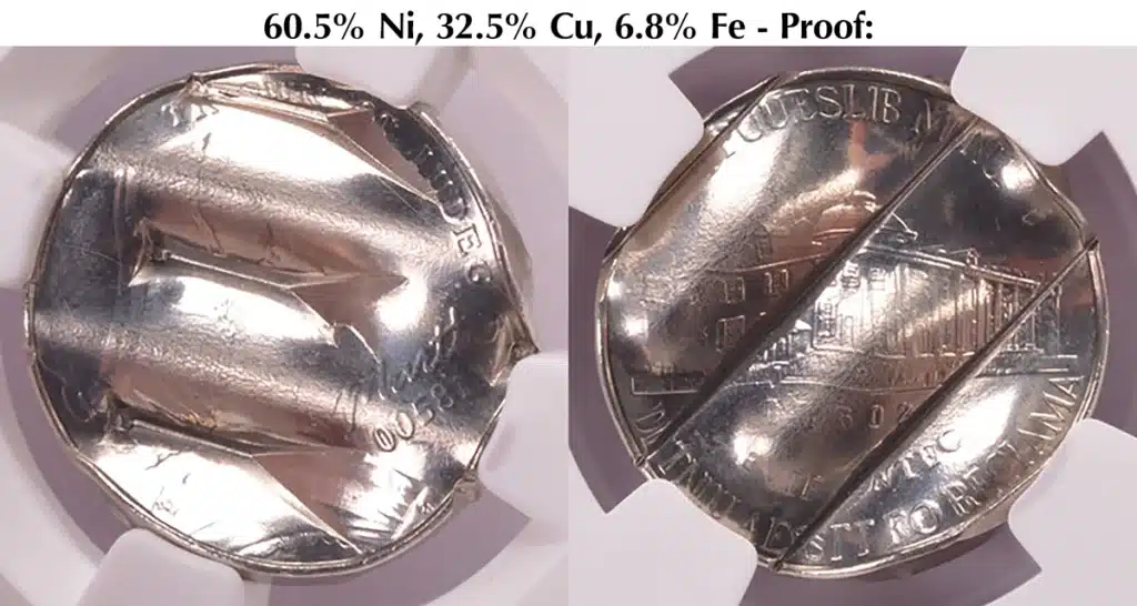 The metal composition of the two cancelled five-cent nickel patterns is different.