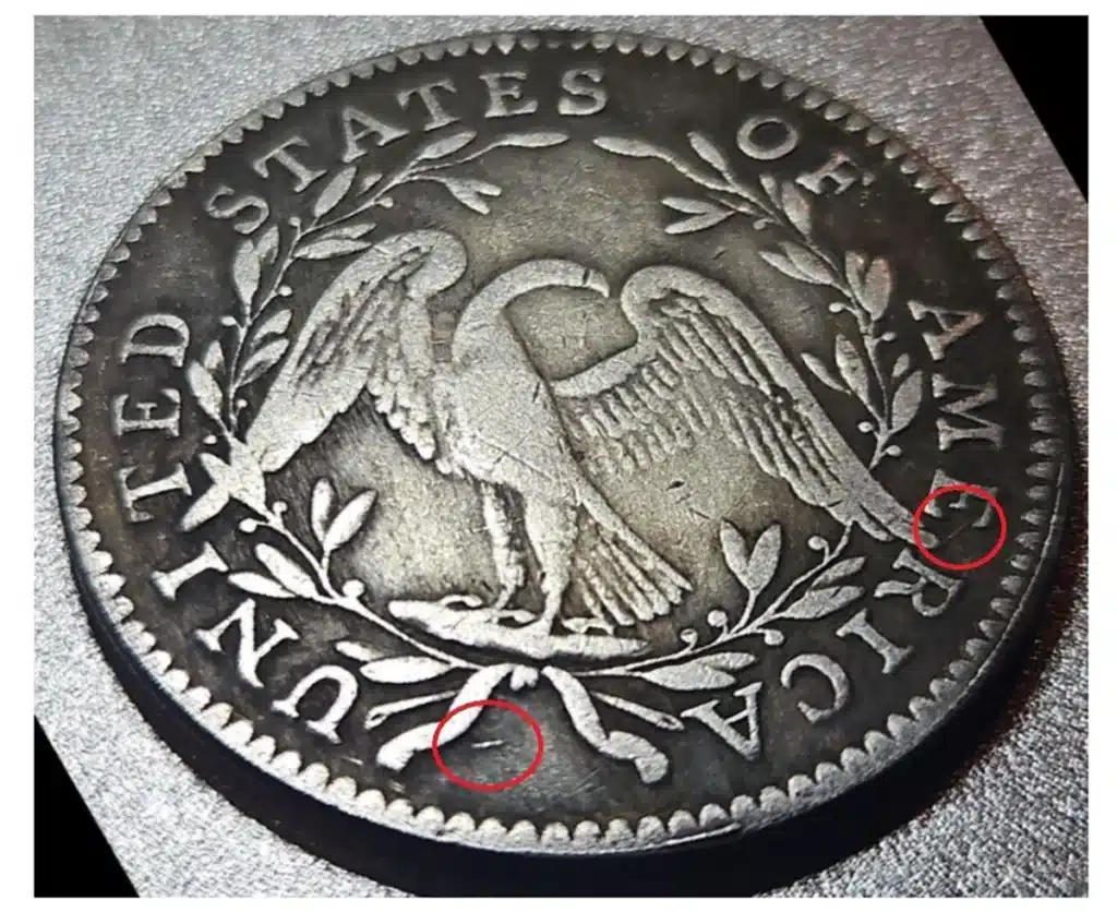 Subject Reverse of a counterfeit 1794 Half Dollar; interesting marks in red
