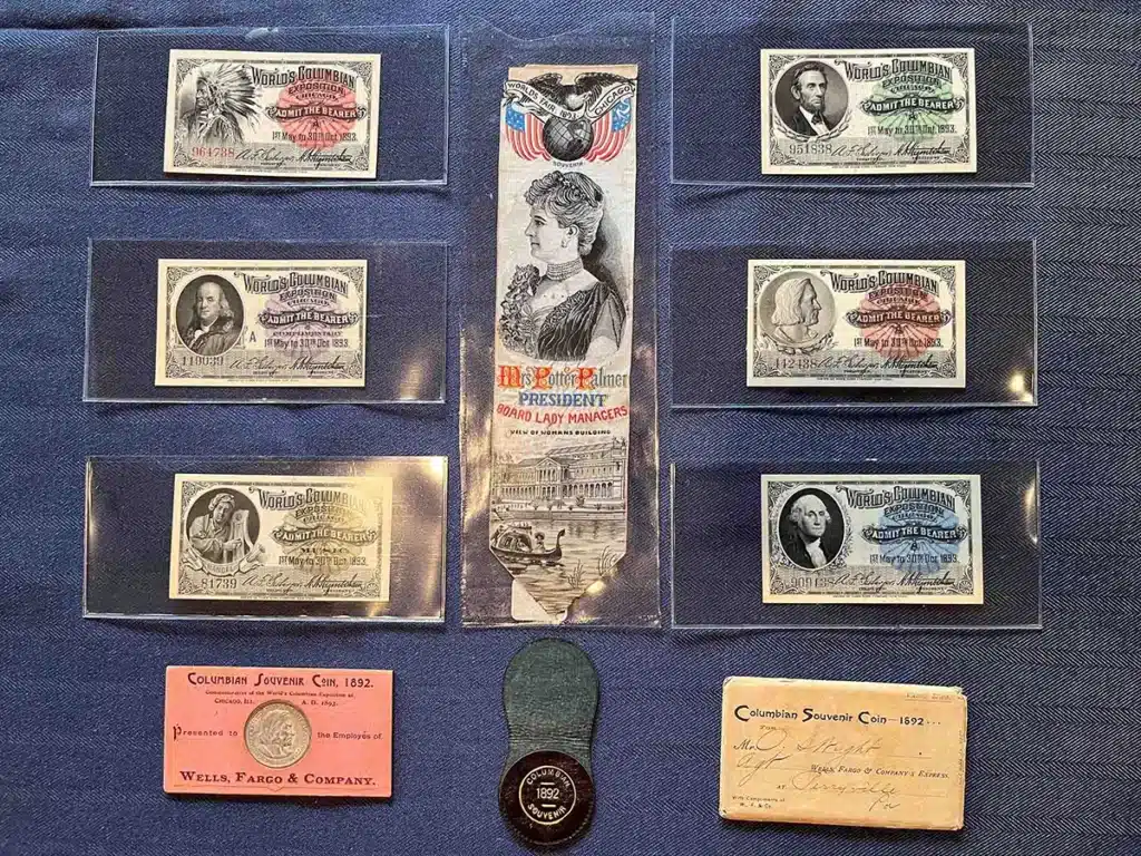 A variety of coins, ephemera, and other items related to the Columbian Exposition. Courtesy of Vic Bozarth.