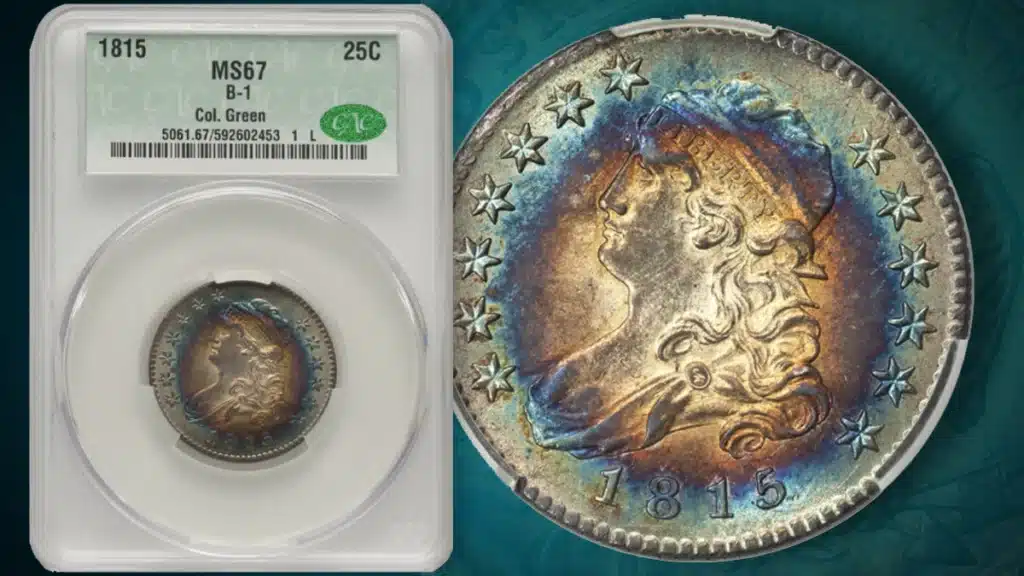 A superb gem 1815 Capped Bust quarter graded MS67 by CAC. Image: Heritage Auctions / CoinWeek.
