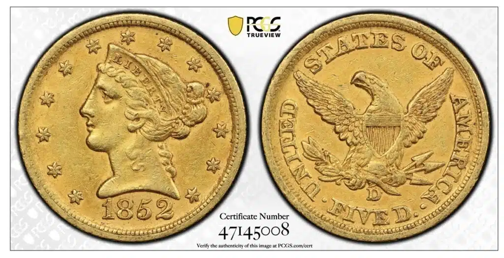 1852-D Liberty Head Half Eagle from Stack's Bowers' Kronen sale. Image: PCGS.
