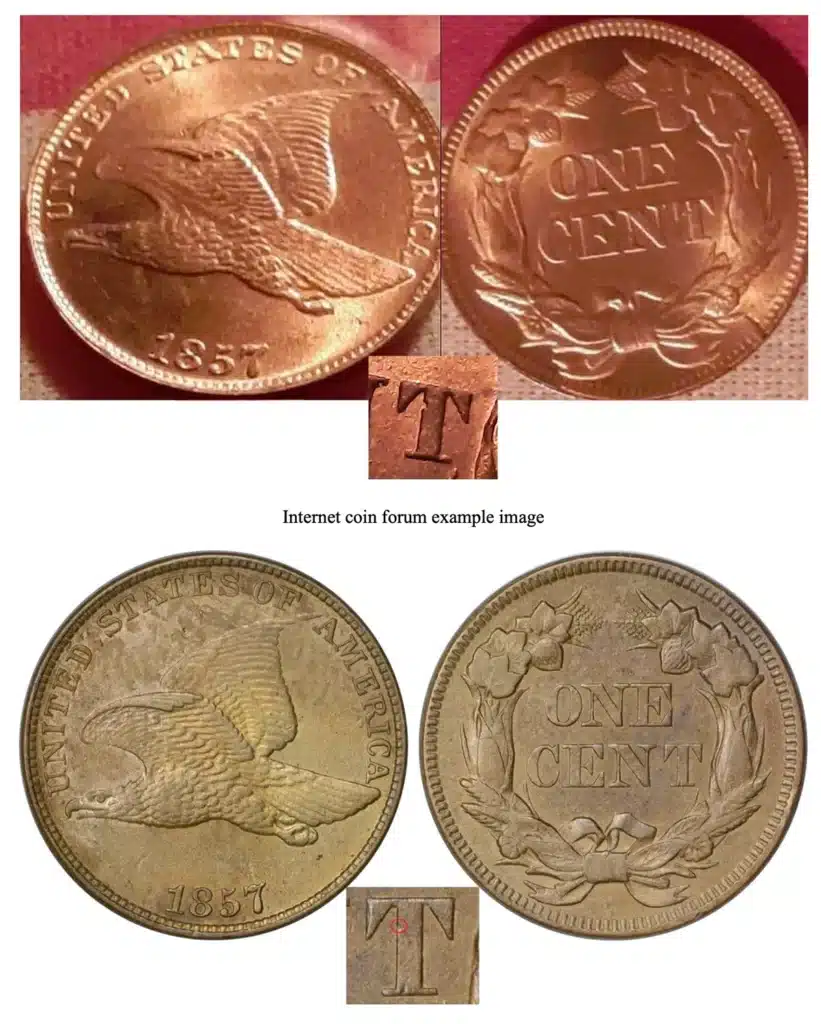 Defect found on the reverse of a family of counterfeit 1857 Flying Eagle cents.