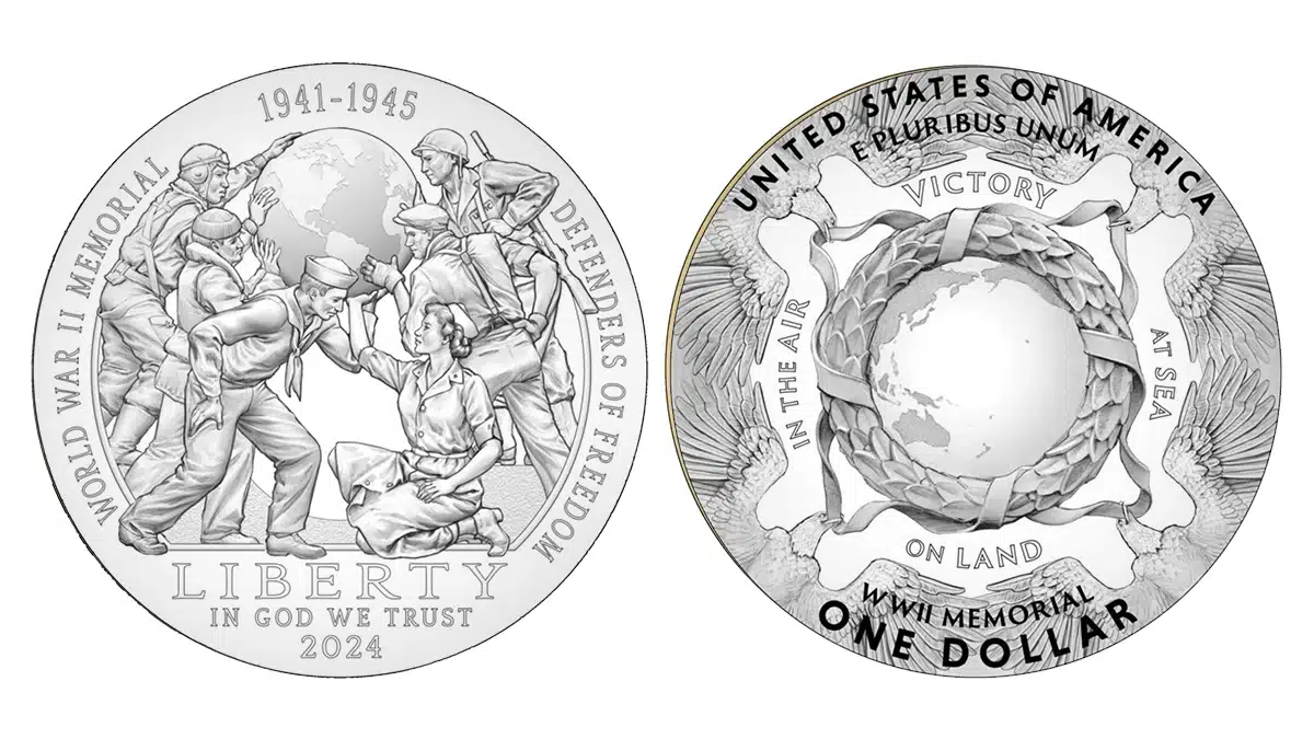 2024 Greatest Generation Commemoration Silver Dollar Coin Design. Image: U.S. Mint / CoinWeek.