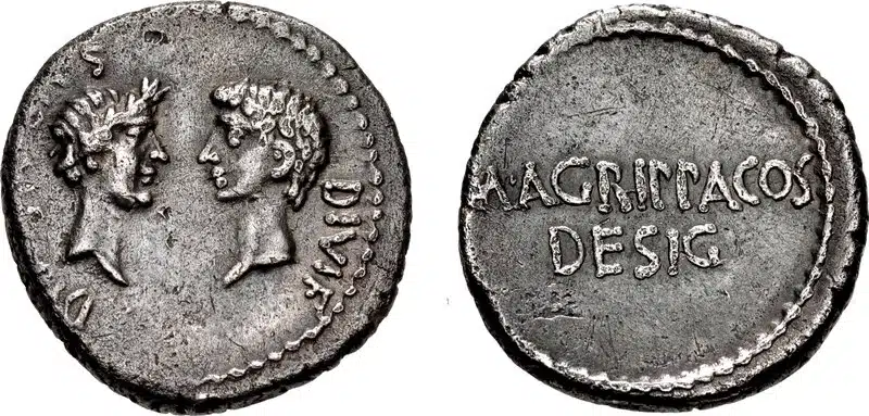 Figure 2: Octavian, Divus Julius Caesar, and Agrippa. 38 BCE. AR Denarius. Military mint traveling with Agrippa in Gaul or Octavian in Italy. Wreathed head of the deified Julius Caesar right, facing bare head of Octavian left; DIVOS IVILIVS upward to left, DIVI F downward to right / M • AGRIPPA COS/DESIG in two lines, 18mm. 4.03 g., Crawford 334/4. (CNG 112. Lot: 575, $9500, 9/11/2019).