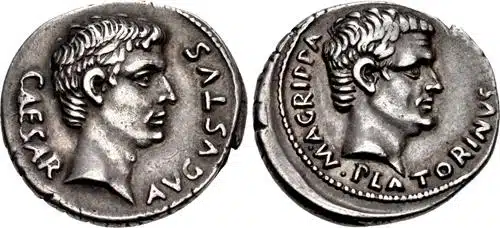 Figure 5: Augustus, with Agrippa, 27 B.C.-14 A.D., AR Denarius. Rome mint. C. Sulpi- cius Platorinus, moneyer. Struck 13 BCE. CAESAR AVGVSTVS, Bare head of Augustus right / M. AGRIPPA PLATORINVS. III. VIR, bare head of Agrippa right, 3.72 g., RIC I 408. (Triton XXIII, Lot: 564, $30,000, 1/14/20).
