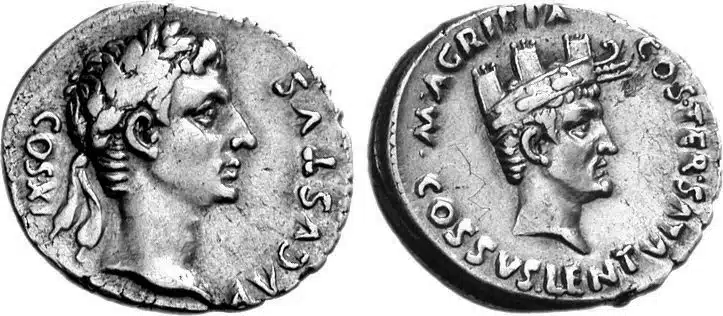 Figure 3: Augustus, with Agrippa. 27 BCE - 14 CE. AR Denarius. Rome mint. Cossus Cor- nelius Lentulus, moneyer. Struck 12 BCE. AVGVSTVS COS • XI, head of Augustus right, wearing oak wreath / • M • AGRIPPA • COS • TER • COSSVS • LENTVLVS, head of Agrippa right, wearing mural and rostral crown, 3.91 g., RIC I 414. (Triton XI, Lot: 826, $22,000, 1/7/08).