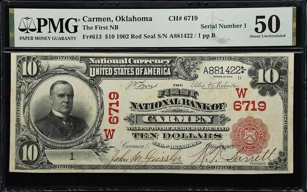 Carmen National Bank $10 bill with serial number 1. Image: Stack's Bowers.