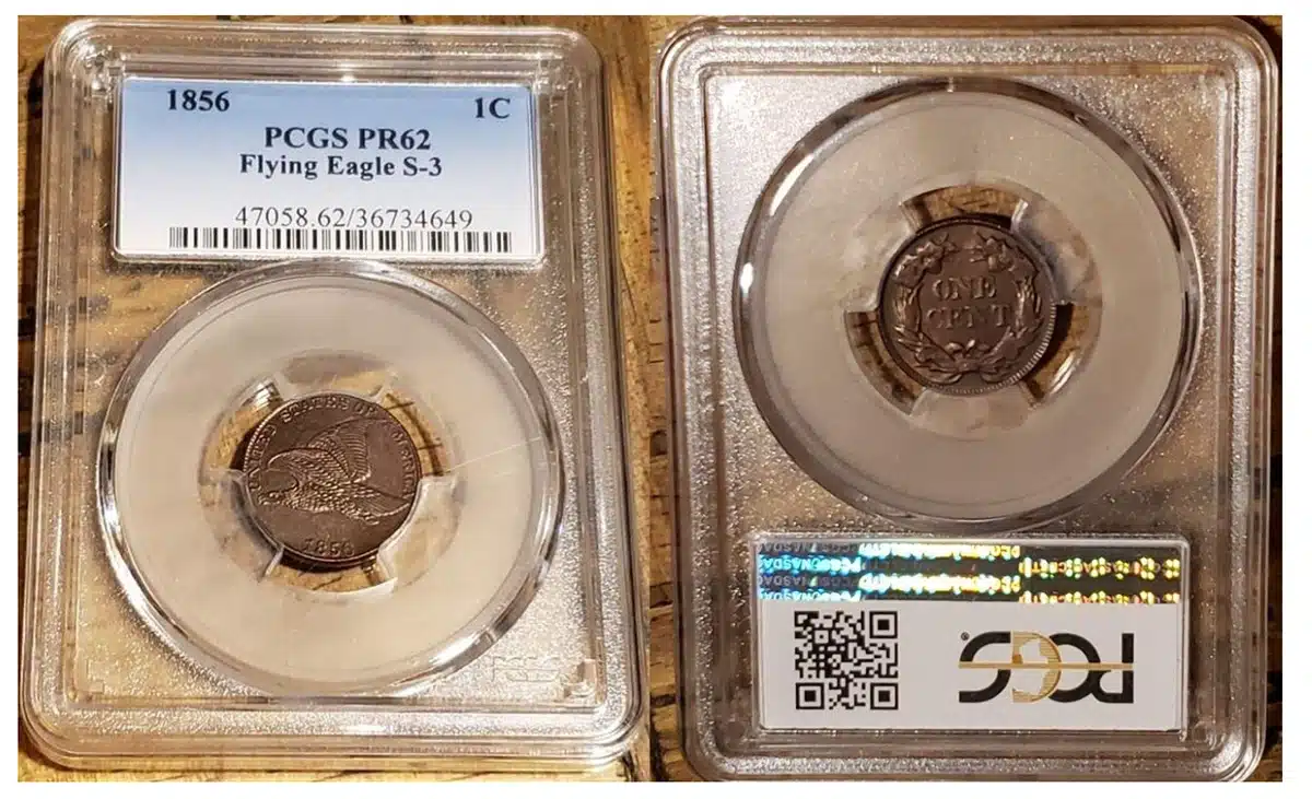 Counterfeit 1856 Flying Eagle cent in fake PCGS slab.