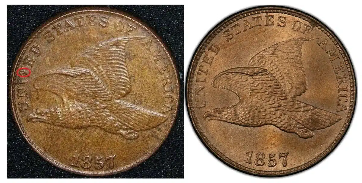 Left: counterfeit 1857 Flying Eagle cent. Right: genuine 1857 Flying Eagle cent.