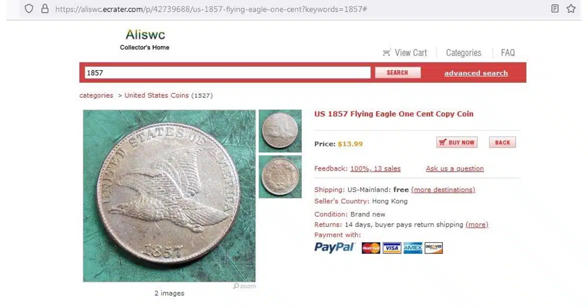 Counterfeit 1857 Flying Eagle cent listing on ecrater.