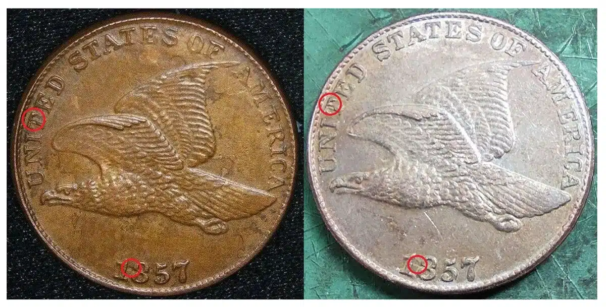Pick up points from this family of Counterfeit 1857 Flying Eagle cents.