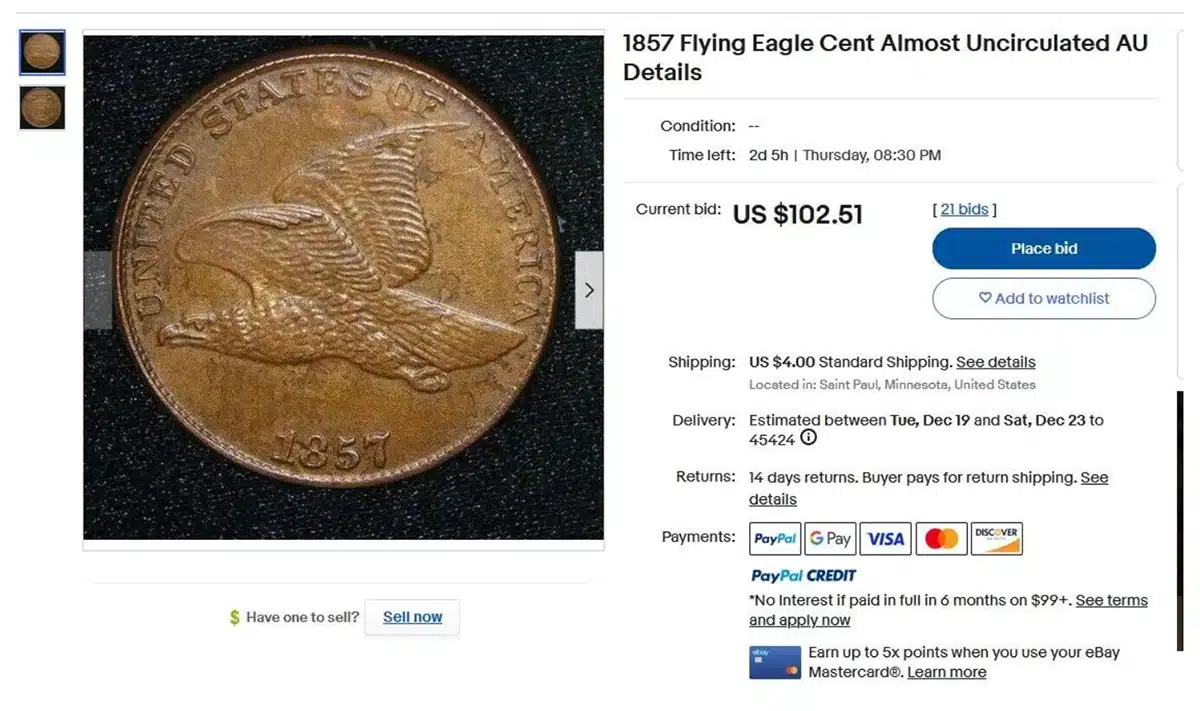 Counterfeit 1857 Flying Eagle cent listed on eBay.