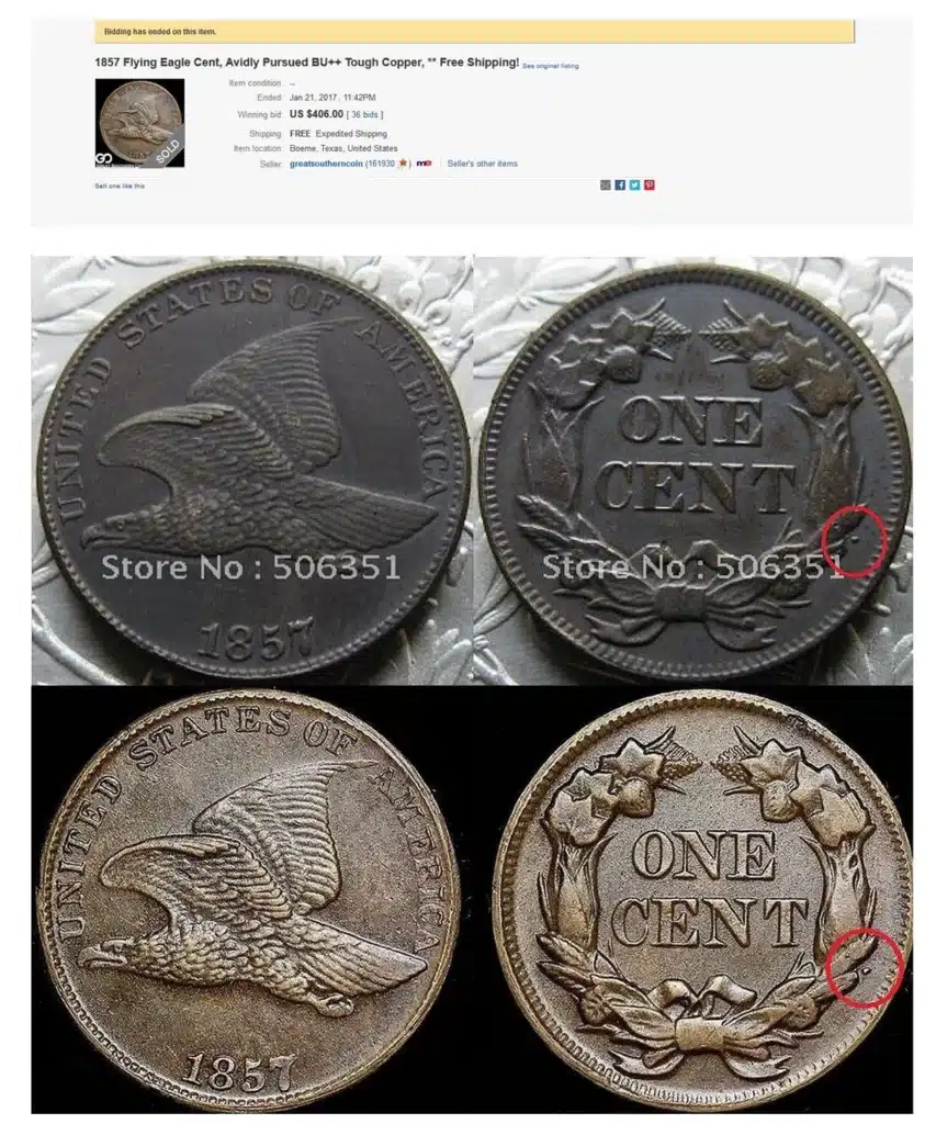 Counterfeit 1857 Flying Eagle cents.