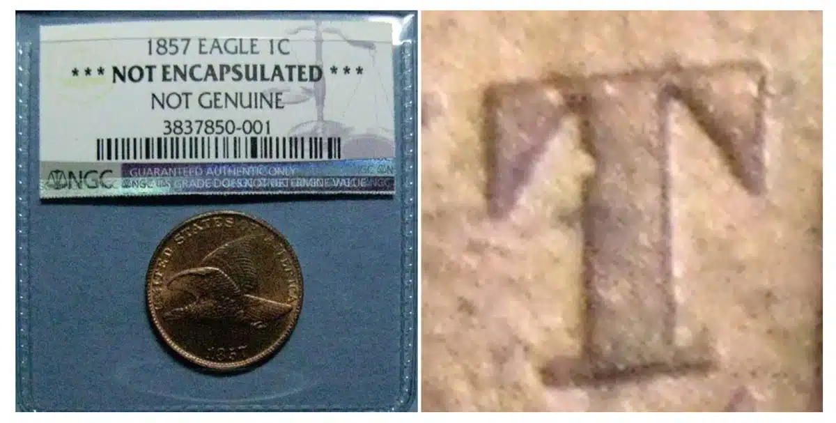 NGC body bagged this counterfeit 1857 Flying Eagle cent.