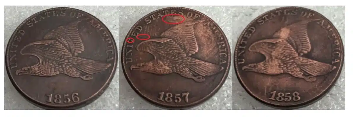 Three counterfeit 1857 Flying Eagle cents listed on Etsy.com.