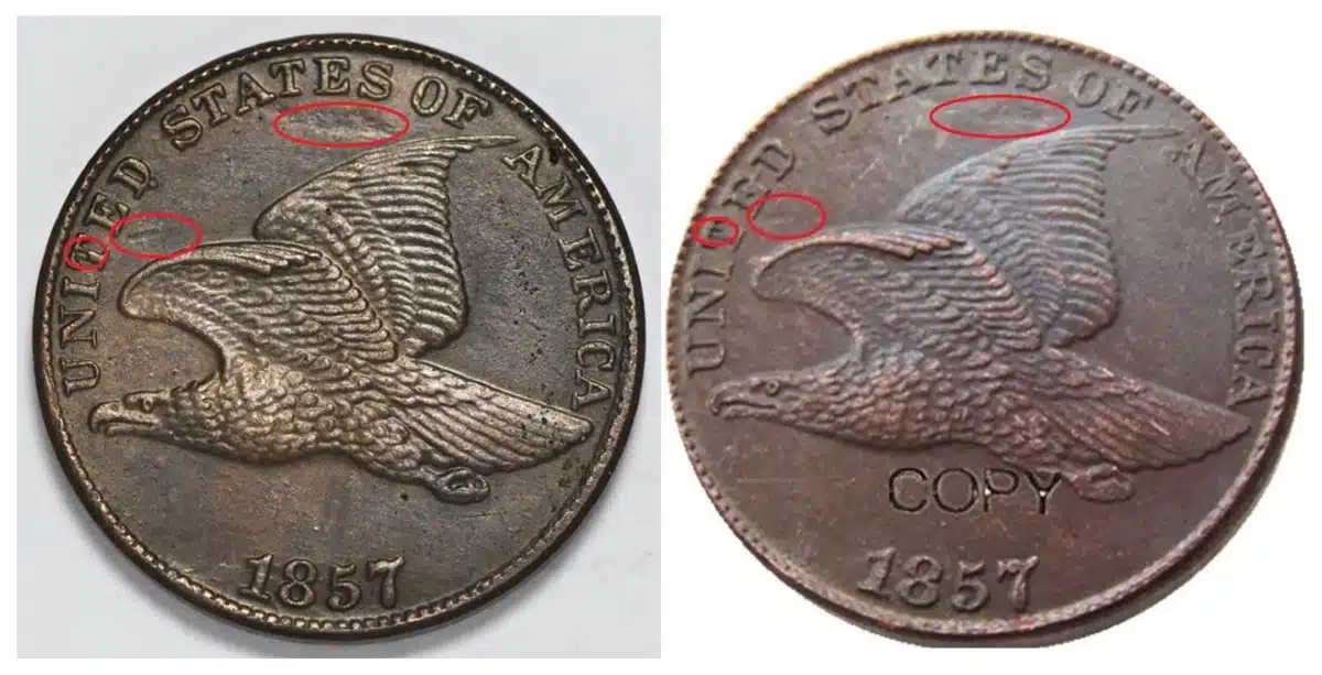 A counterfeit and a marked copy 1857 Flying Eagle cent share obvious markers.