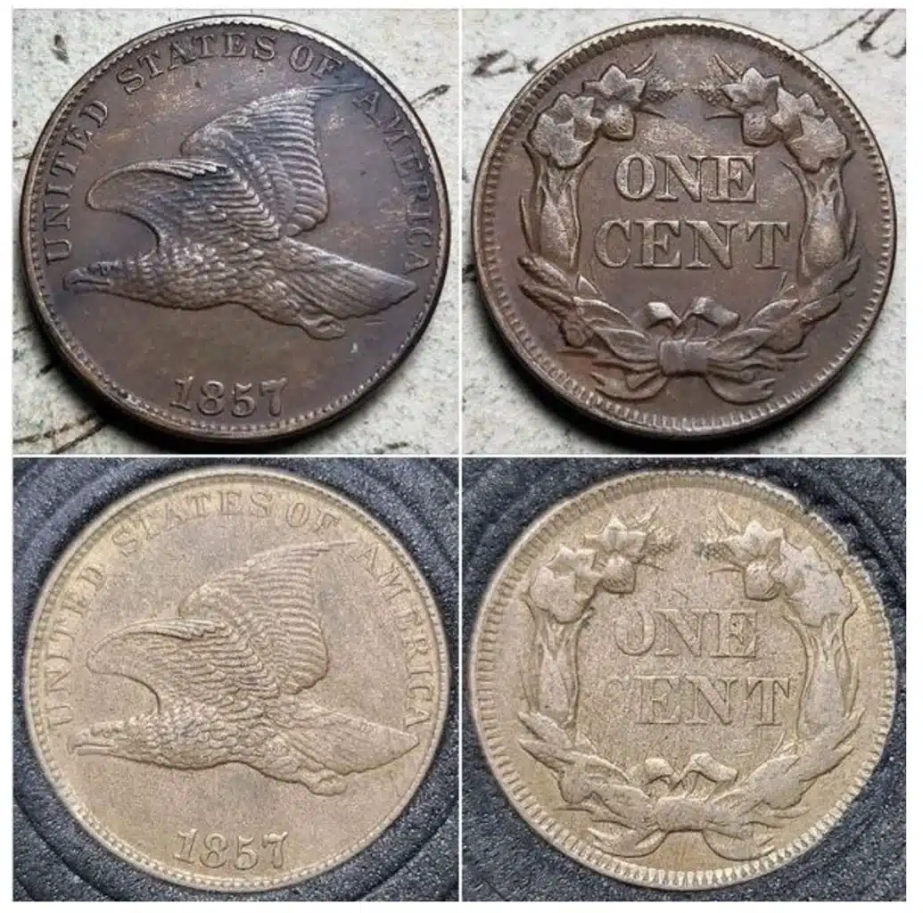 Above: Counterfeit 1857 Flying Eagle cent. Below: Genuine 1857 Flying Eagle cent.