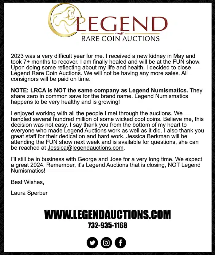 Legend Rare Coin Auctions closure announcement.