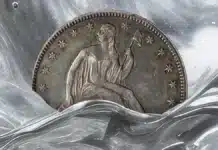 An artist's interpretation of an 1877 Liberty Seated half dollar melting in a crucible. Image: CoinWeek / Adobe Stock.