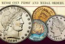 1904 Proof coins seen over a ledger entry for Proof coin and medal orders.